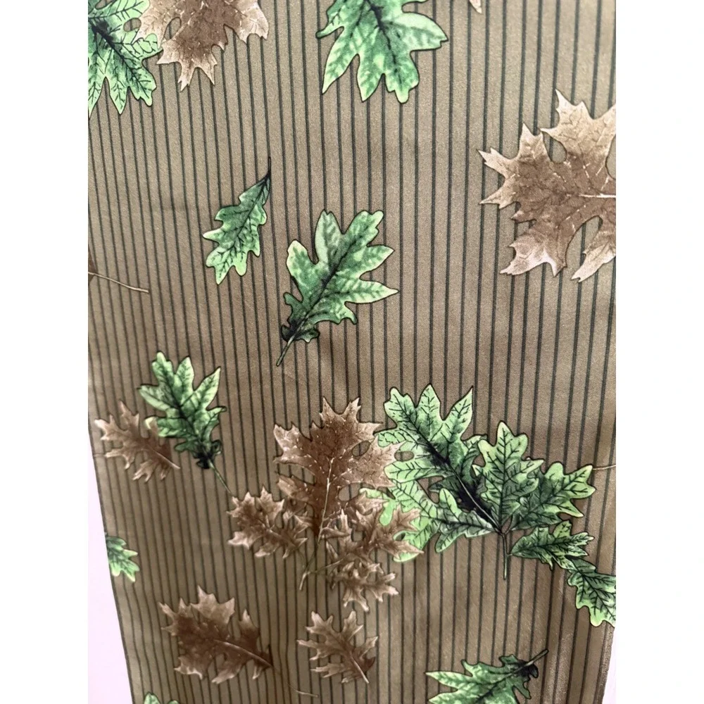 Jones New York Silk Scarf Olive Green Pinstripe Oak Leaf Print Rectangular Wrap